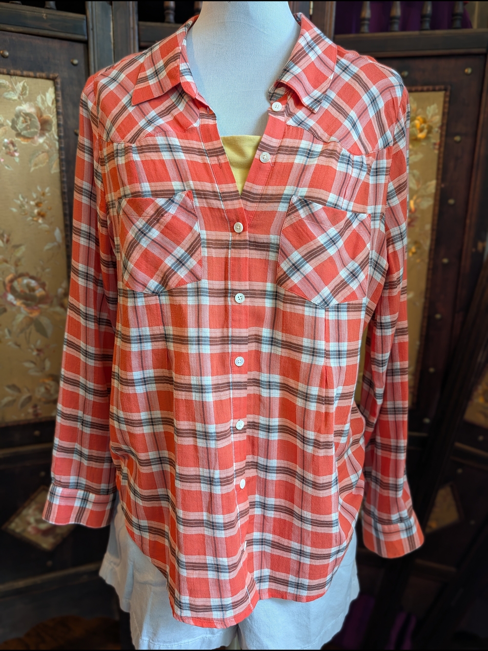 Joie Coral and White Plaid Button Down Top Small S Long Sleeves Casual Bright - Picture 2 of 10